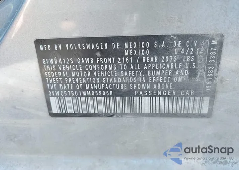 2021 Volkswagen Jetta 1.4T R-Line/1.4T S/1.4T Se z USA, uszkodzony, nr VIN 3VWC57BU1MM059968